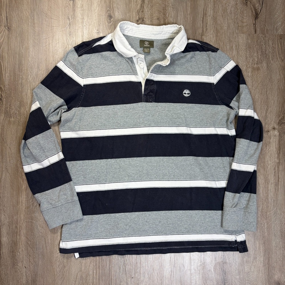 Timberland Rugby Polo Shirt Mens XL Gray Black Long Sleeve Collar 100% Cotton